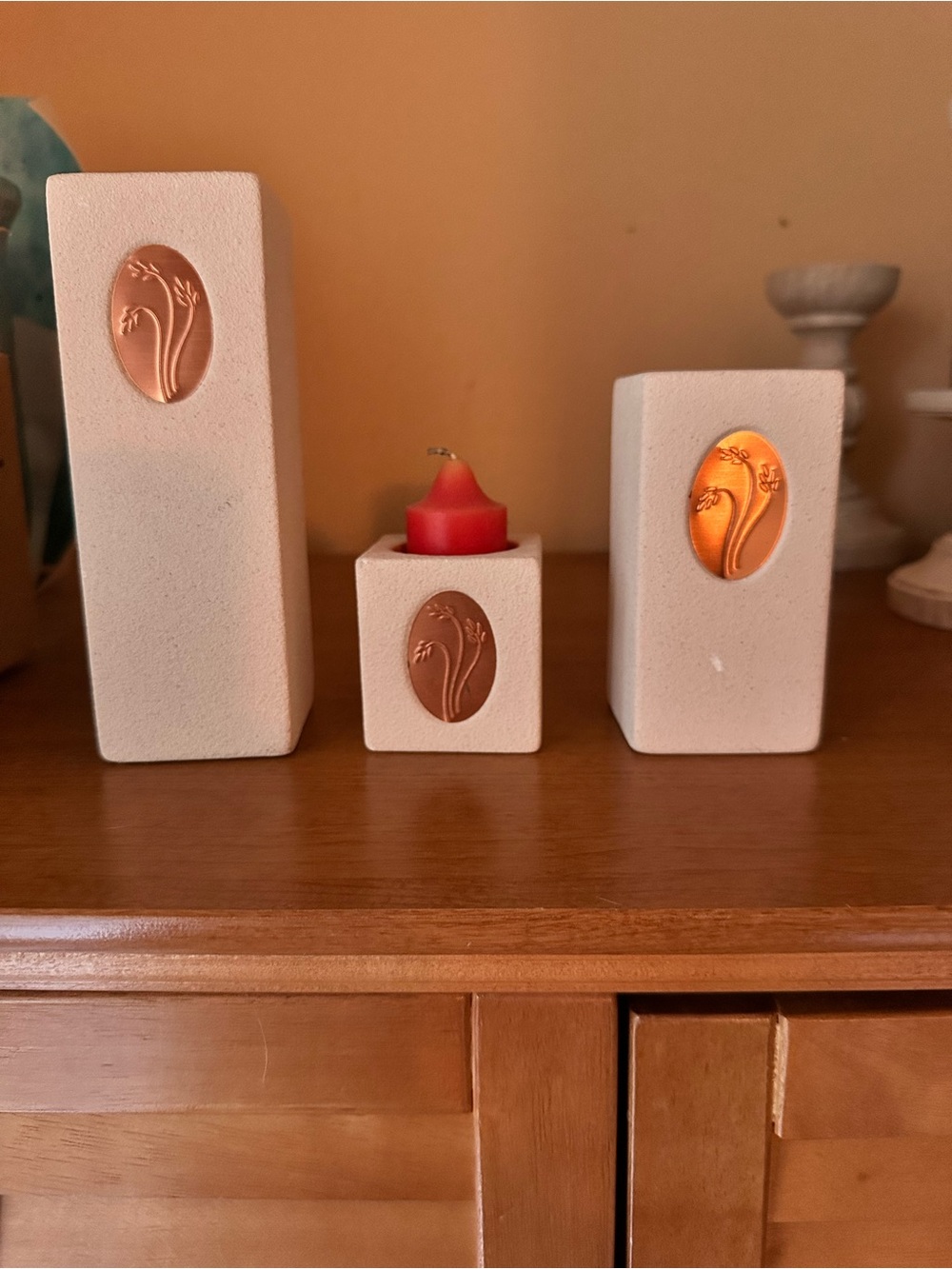 Decorative Cream Ceramic Pillar Candle Holders with Copper Medallion - Set of 3